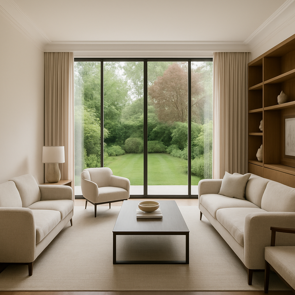 Clean designer lounge Lounge in luxury residential project overlooking garden